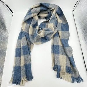 Unisex Fringe Scarf Blue Beige Viscose Plaid Long Rectangular 82 X 24.5 Inches